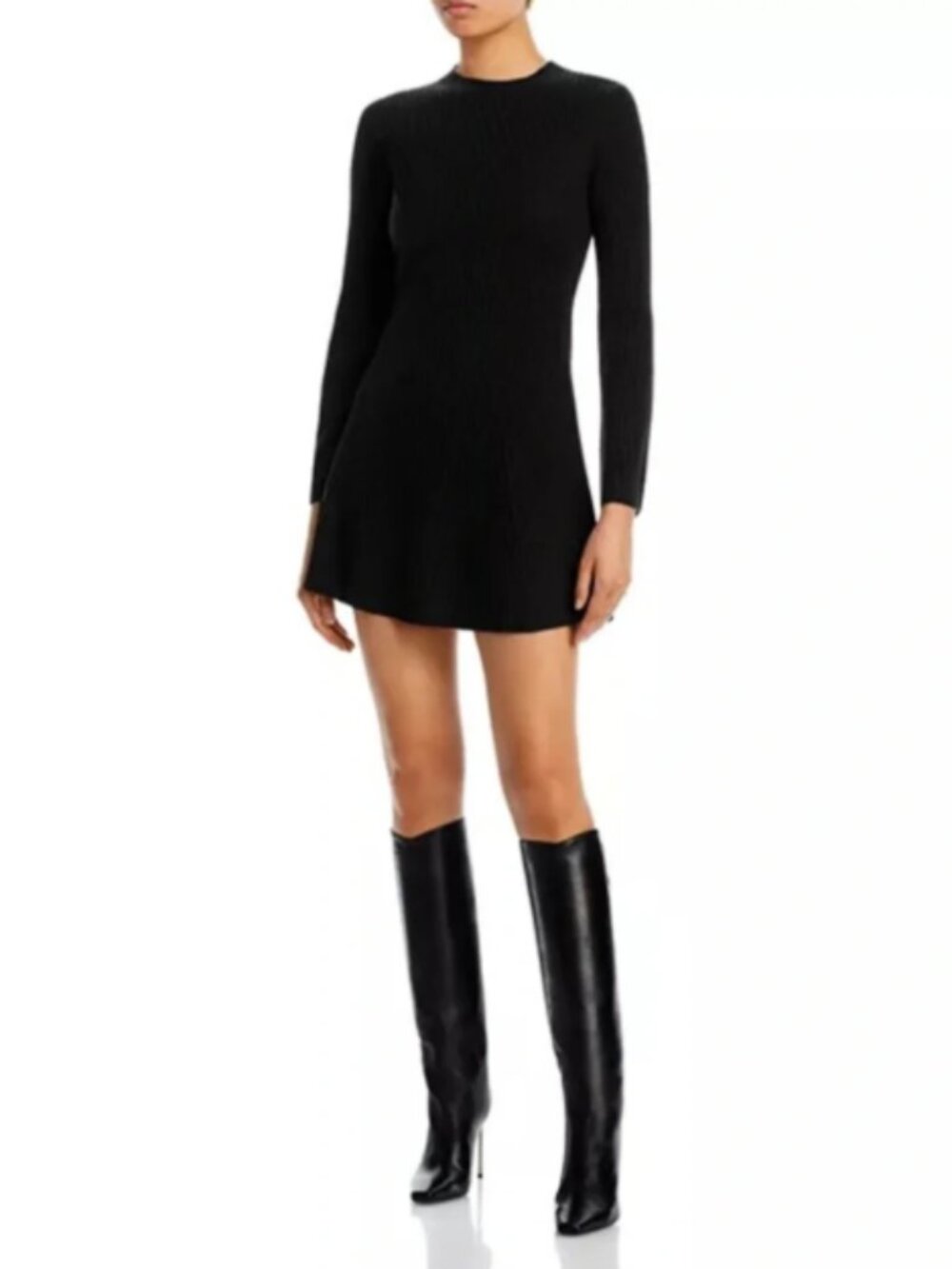 Aqua 100% Cashmere Black Ribbed Knit Long Sleeve Mini Sweater Dress Sz Large